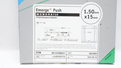 Boston Scientific 391901515 Emerge Push Monorail PTCA Dilatation Cath. 1.50mm x 15mm (x)